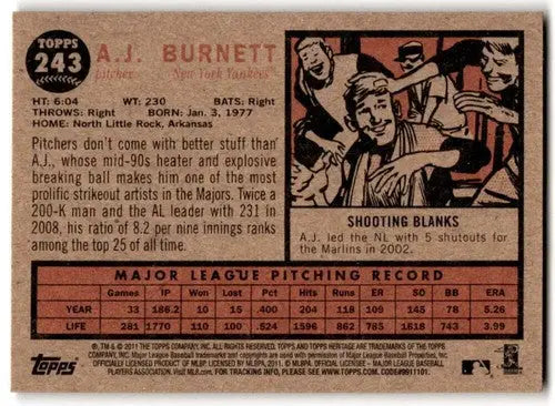 2011 Topps Heritage #243 A.J. Burnett NM Near Mint Yankees - Baseball Card Single