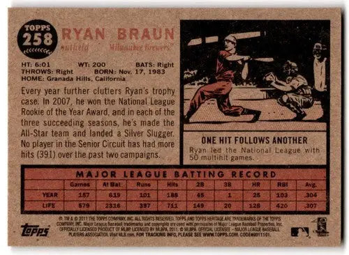 Original gloss 2011 Topps Heritage Ryan Braun baseball card Brewers ID 43719