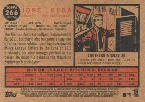 Baseball card back featuring original gloss of Jose Ceda NMNT from Topps Heritage 2011