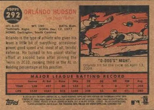 Orlando Hudson baseball card from 2011 Topps Heritage series, NMMT condition