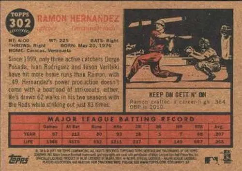 Original gloss 2011 Topps Heritage Ramon Hernandez baseball card Reds ID 7495