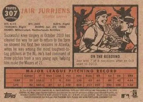 Baseball card back featuring original gloss of Jair Jurrjens NMMT from Topps Heritage