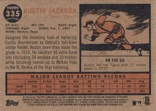 Baseball card back showing original gloss for Austin Jackson NMNT from Topps Heritage 2011