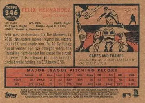Baseball card back featuring Felix Hernandez NMMT from 2011 Topps Heritage Mariners
