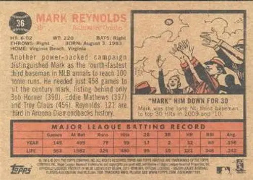 Baseball card back with original gloss from 2011 Topps Heritage Mark Reynolds NMMT Orioles