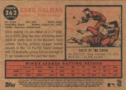 Baseball card back featuring Greg Halman NMMT RC Rookie with original gloss