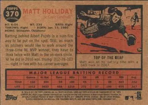 Matt Holliday NMNT baseball card from Topps Heritage series featuring Cardinals player