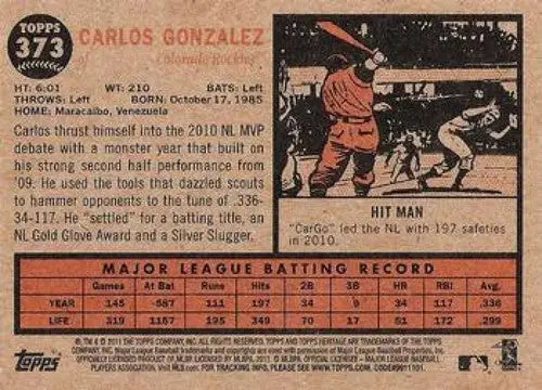 Original gloss Carlos Gonzalez NMMT baseball card from 2011 Topps Heritage Rockies