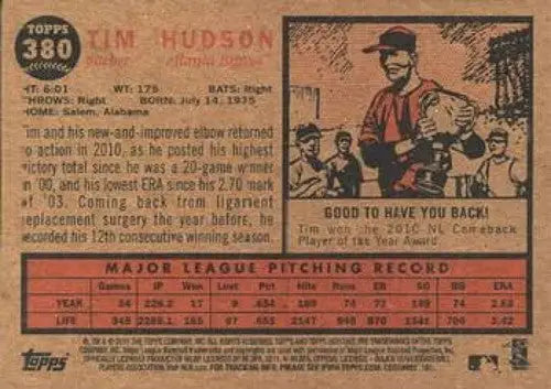 Tim Hudson baseball card from 2011 Topps Heritage with original gloss and Braves team