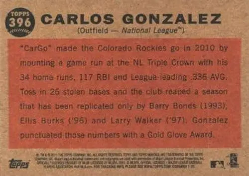 Baseball card back with original gloss from Topps Heritage featuring Carlos Gonzalez