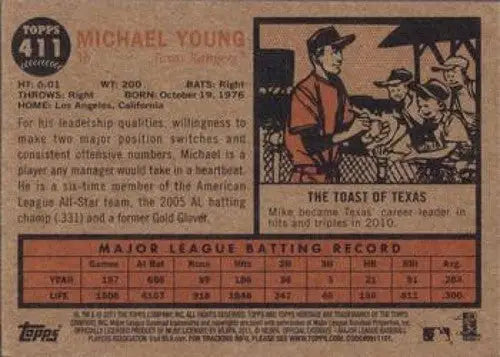 Original gloss 2011 Topps Heritage Michael Young baseball card featuring Rangers team