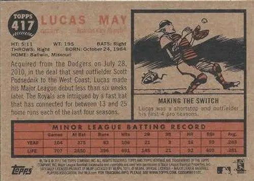 2011 Topps Heritage Baseball Card Back with Original Gloss of Lucas May NMMT RC Rookie Royals