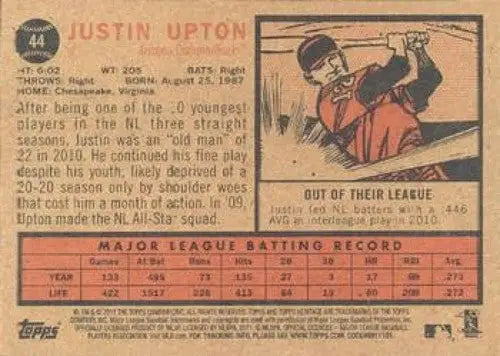 Baseball card back of Justin Upton NMMT from 2011 Topps Heritage series