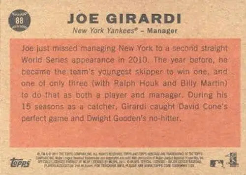 2011 Topps Heritage #88 Joe Girardi NMMT Yankees MG ID:7438 - Baseball Card Single