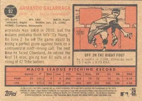 Back of 2011 Topps Heritage baseball card featuring Armando Galarraga NMMT Diamondbacks