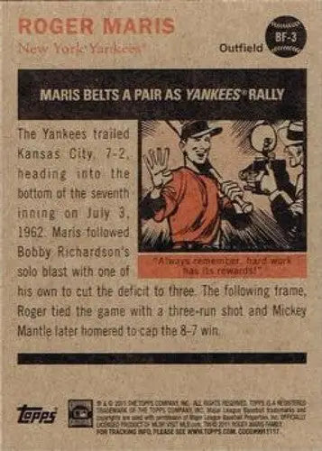 2011 Topps Heritage Baseball Flashbacks #BF-3 Roger Maris NM-MT Yankees ID:72643 - Baseball Card Single