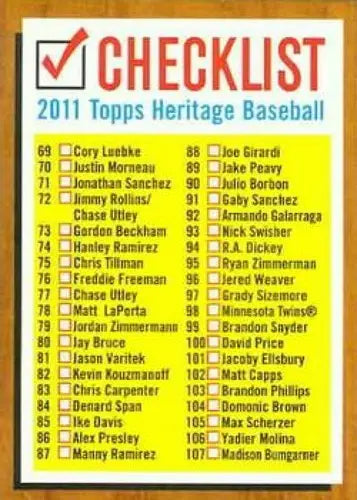 2011 Topps Heritage Baseball Checklist with Original Gloss for Topps Heritage Checklists