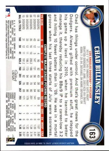 Original gloss 2011 Topps Opening Day Chad Billingsley Dodgers baseball card image