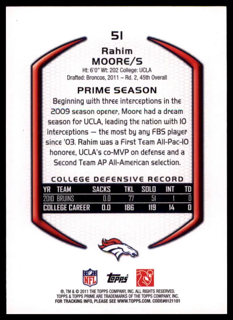 2011 Topps Prime - Retail Bronze Rahim Moore 51 Denver Broncos NM - Football Card Single