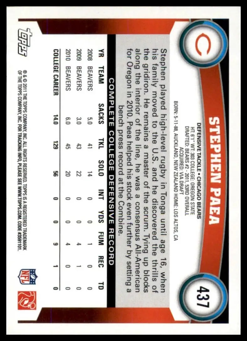 2011 Topps - Stephen Paea #437 (RC) - Football Card Single
