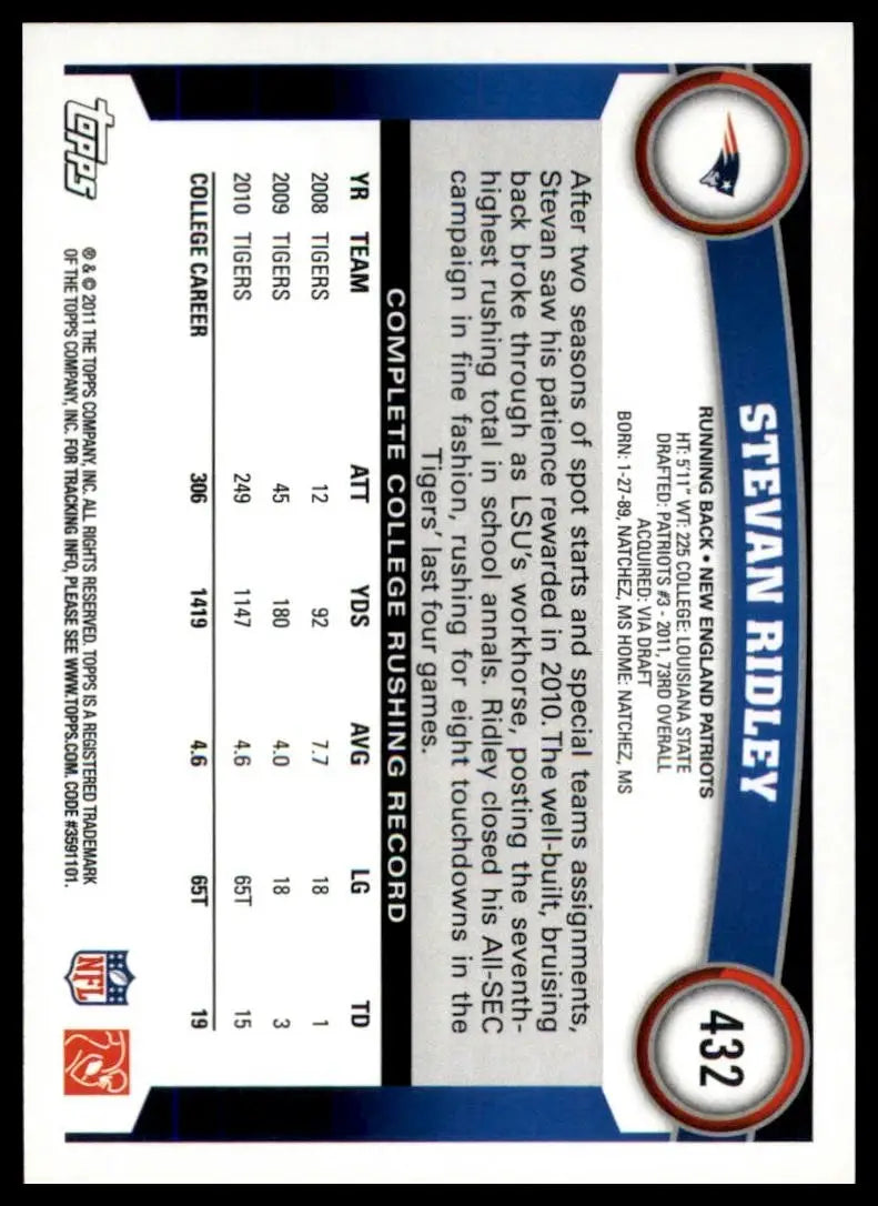 2011 Topps - Stevan Ridley #432 (RC)