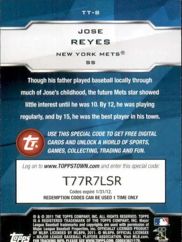 2011 Topps Topps Town Jose Reyes baseball card back with original gloss