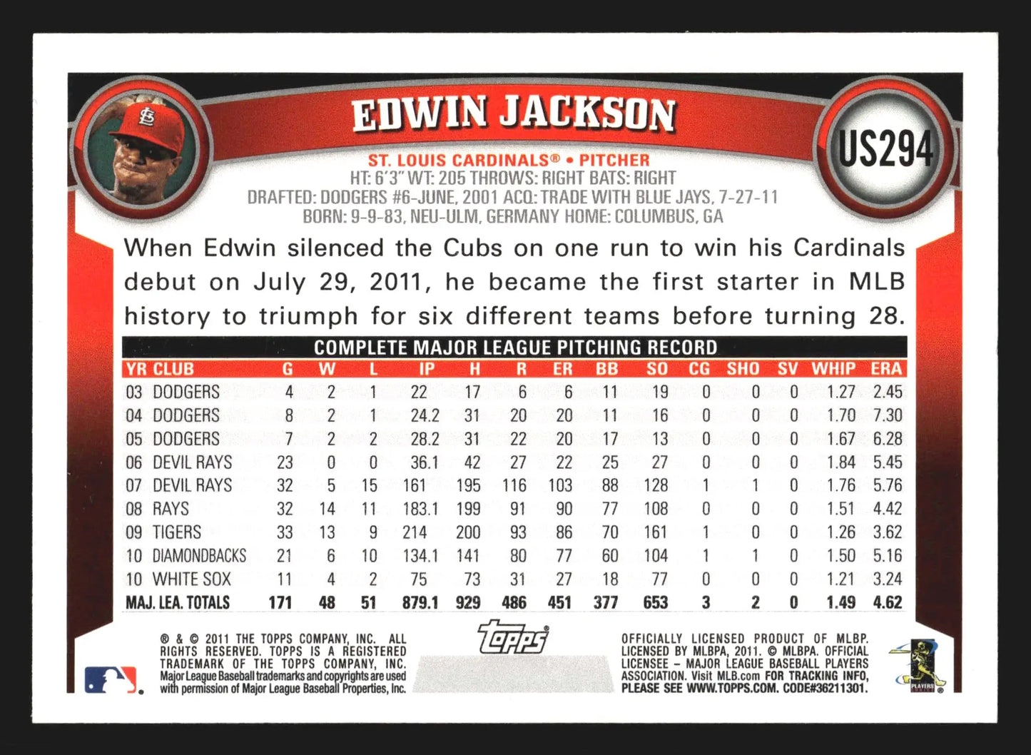 2011 Topps Update Edwin Jackson #US294 St. Louis Cardinals - Baseball Card Single
