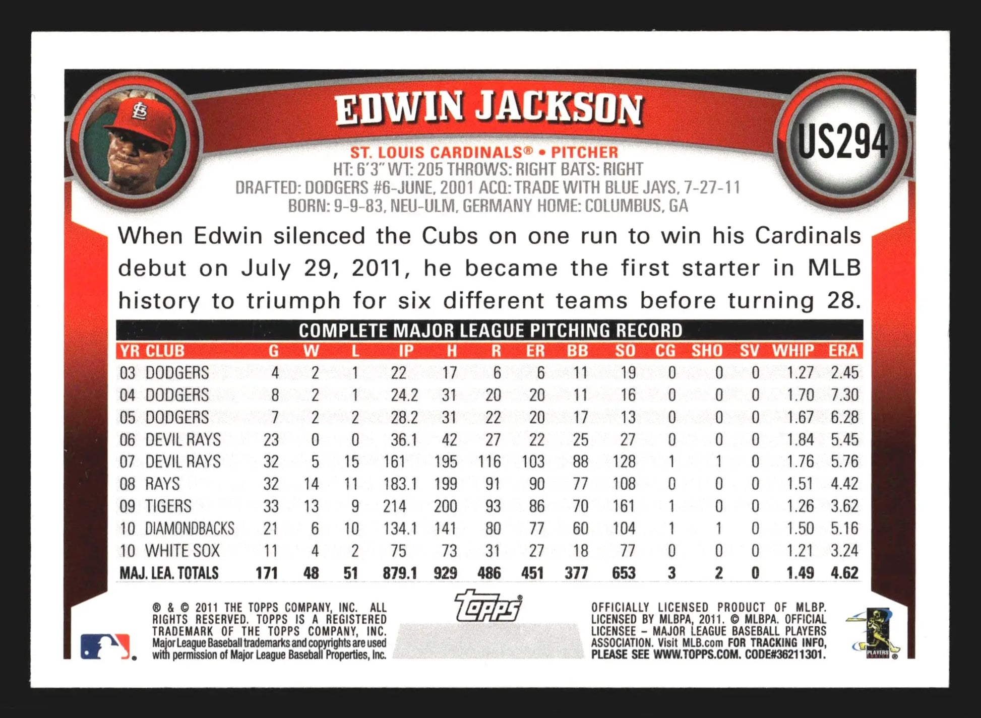 2011 Topps Update Edwin Jackson #US294 St. Louis Cardinals - Baseball Card Single