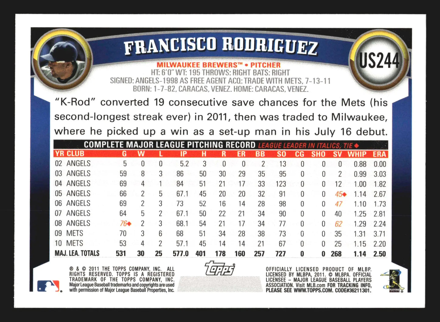 2011 Topps Update Francisco Rodriguez #US244 Milwaukee Brewers - Baseball Card Single