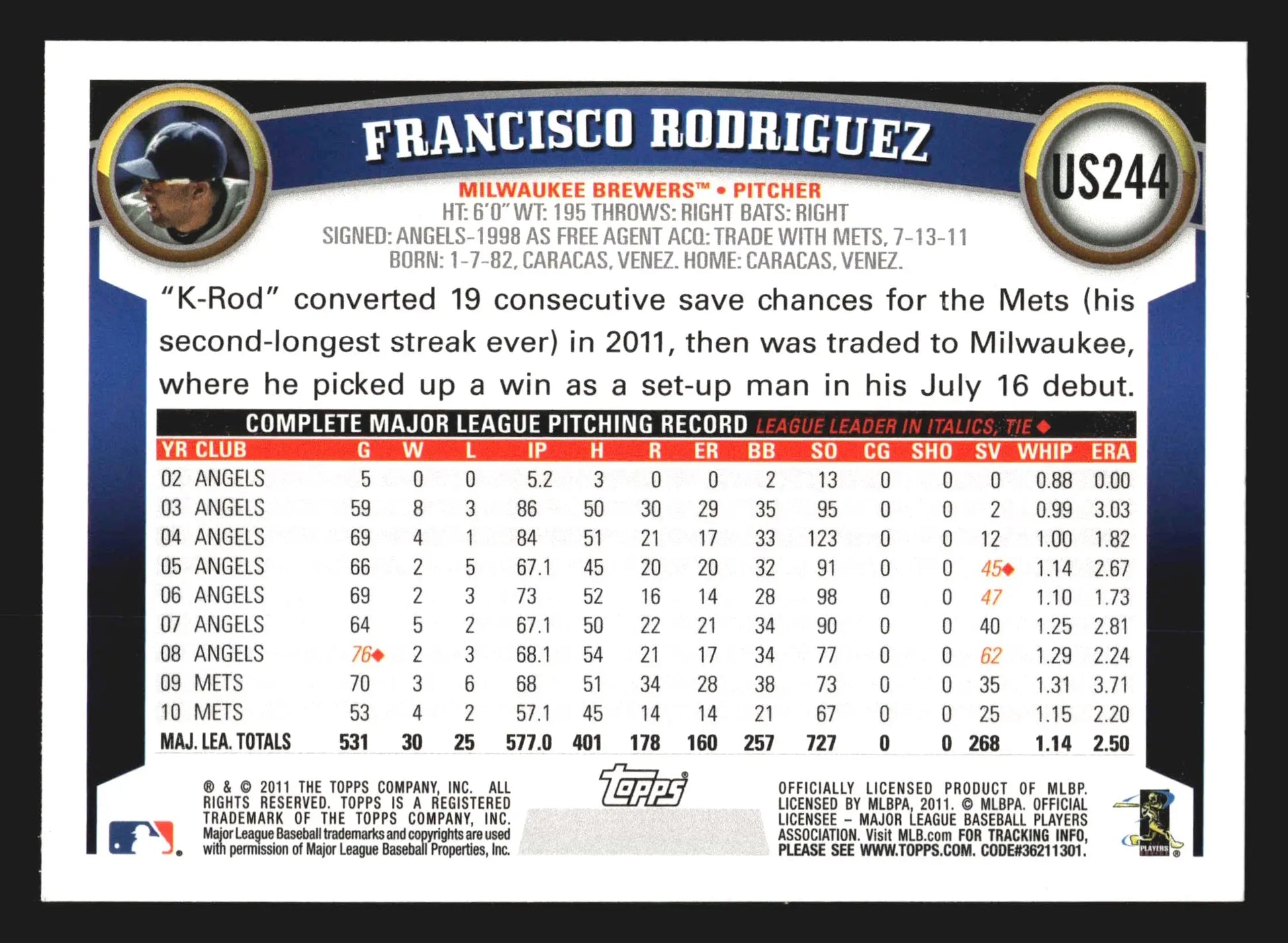 2011 Topps Update Francisco Rodriguez #US244 Milwaukee Brewers - Baseball Card Single