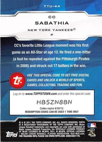 2011 Topps Update Topps Town #TTU-44 CC Sabathia NM-MT Yankees ID:23349 - Baseball Card Single