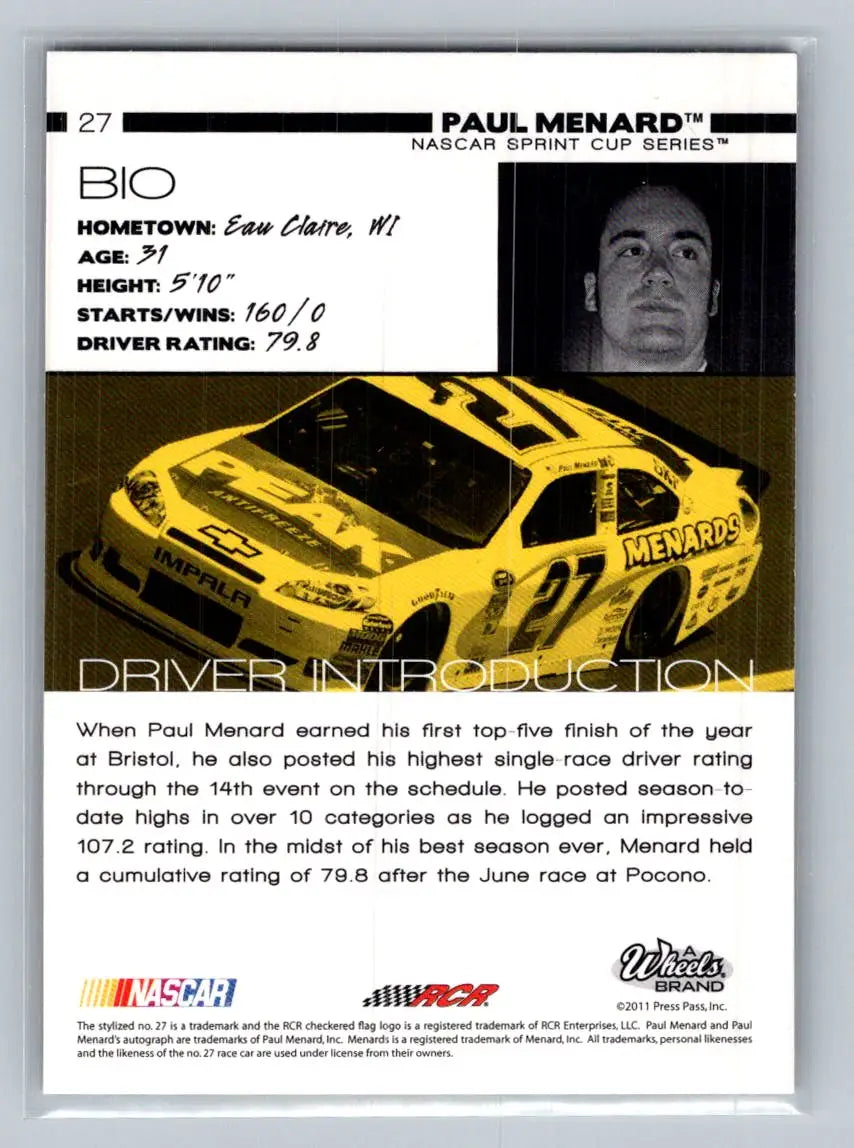 2011 Wheels Main Event #27 Paul Menard Richard Childress Racing - Racing Card Single