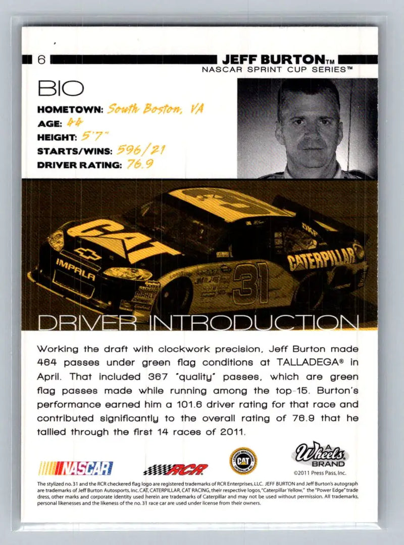 2011 Wheels Main Event #6 Jeff Burton Richard Childress Racing - Racing Card Single