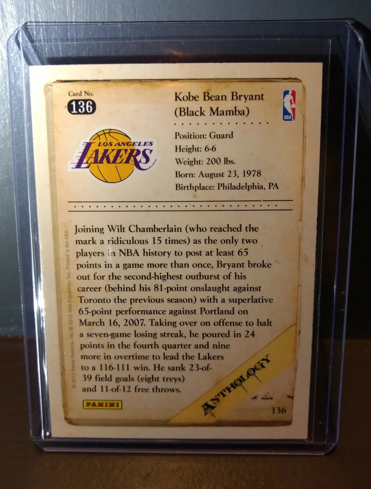 2012-13 Kobe Bryant Panini Kobe Anthology #136 Basketball Card