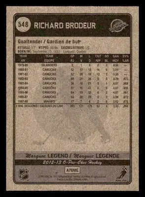 2012-13 O-Pee-Chee #548 Richard Brodeur - Hockey Card Single
