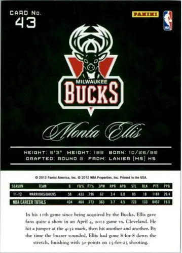 Original gloss Panini Prestige Monta Ellis basketball card from 2012-13 Bucks collection