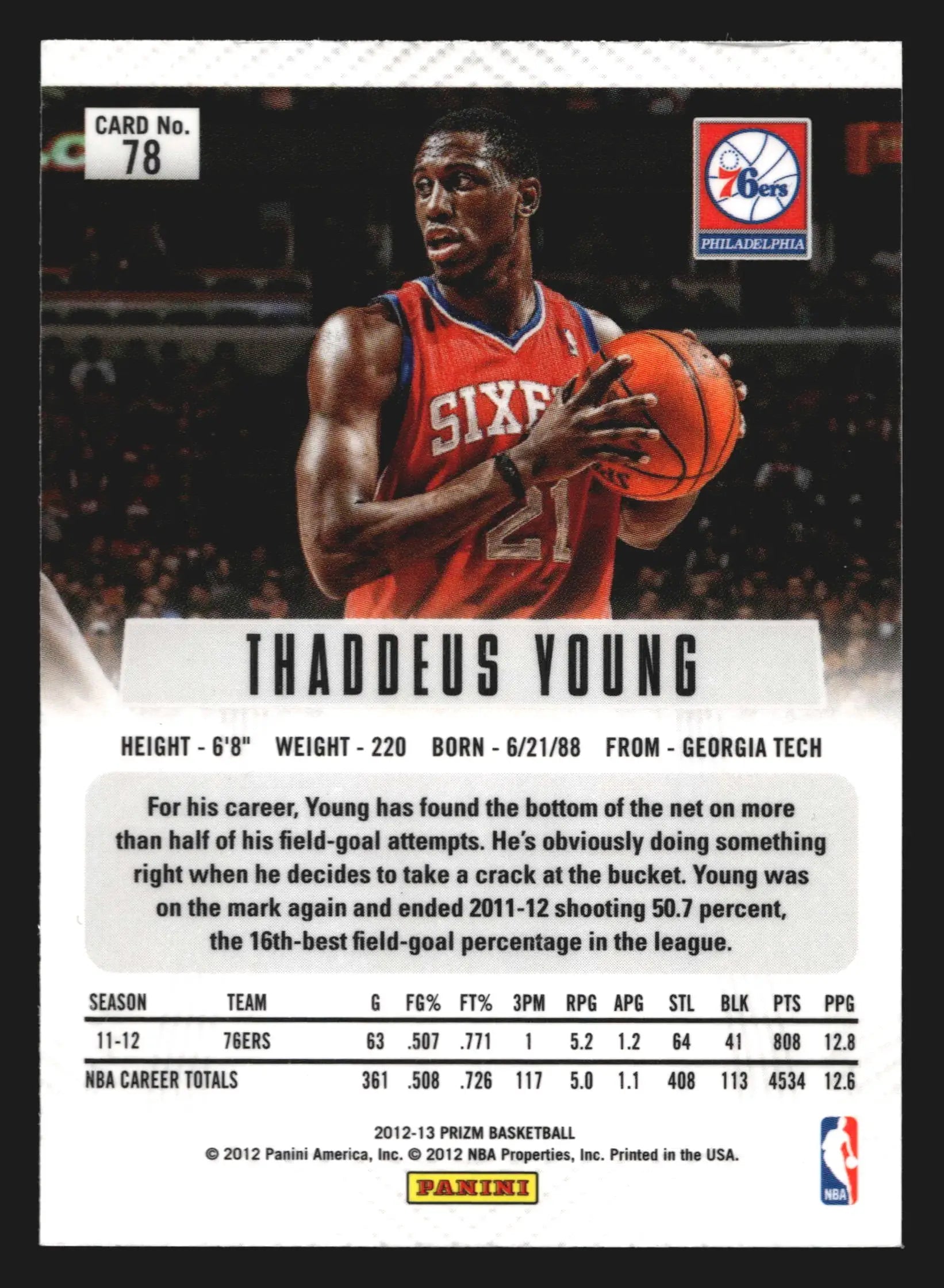 2012-13 Panini Prizm #78 Thaddeus Young Philadelphia 76ers - Basketball Card Single