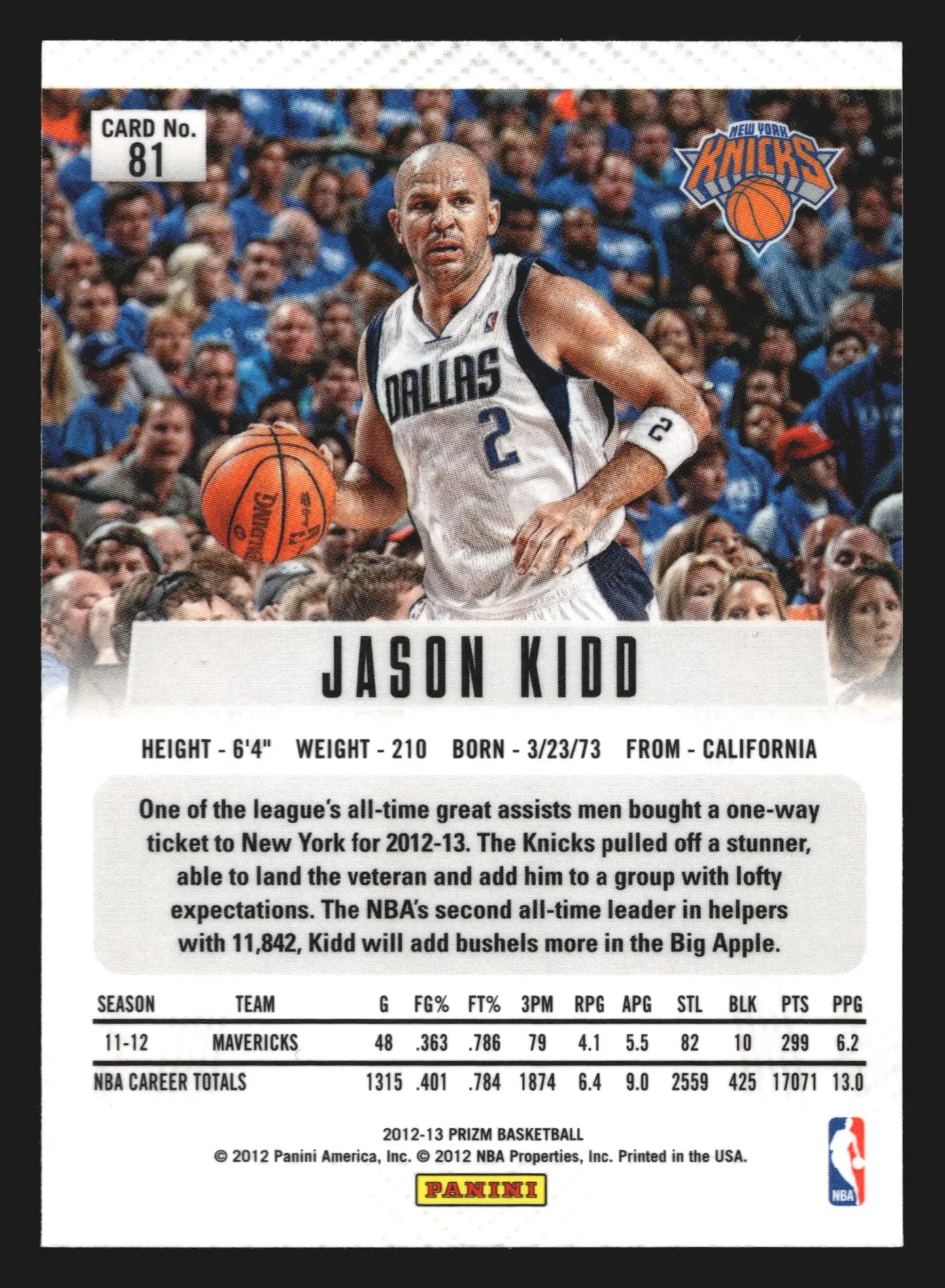 2012-13 Panini Prizm #81 Jason Kidd New York Knicks HOF