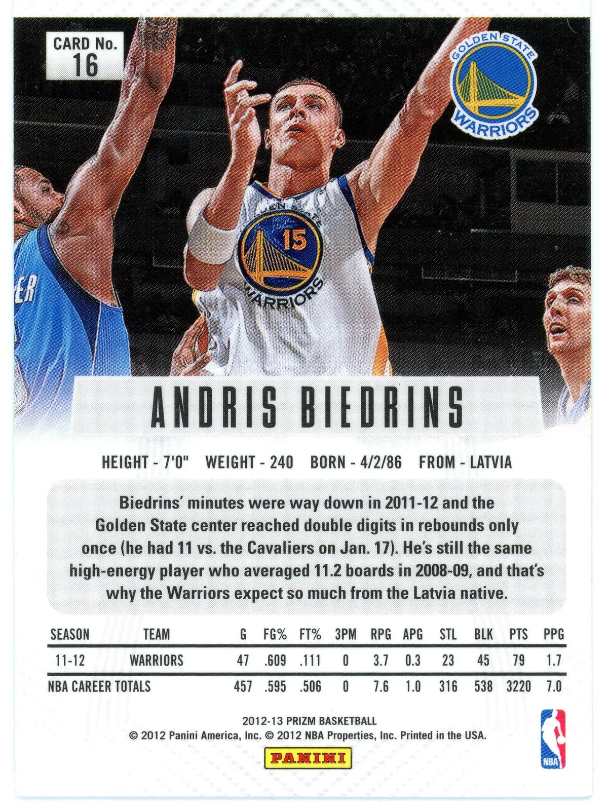 2012-13 Panini Prizm Andris Biedrins #16 Golden State Warriors - Basketball Card Single