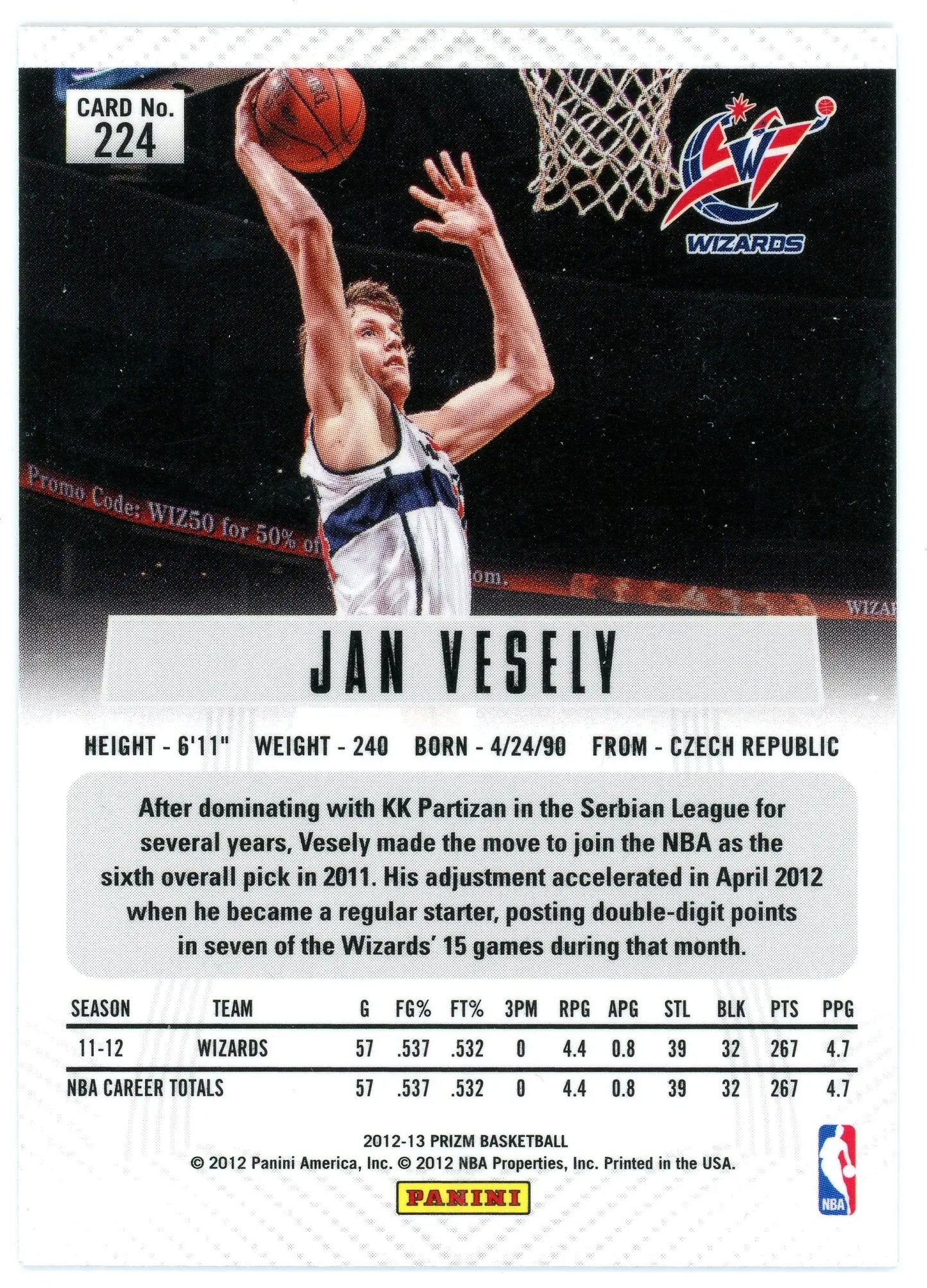 2012-13 Panini Prizm Jan Vesely #224 Wizards - Basketball Card Single