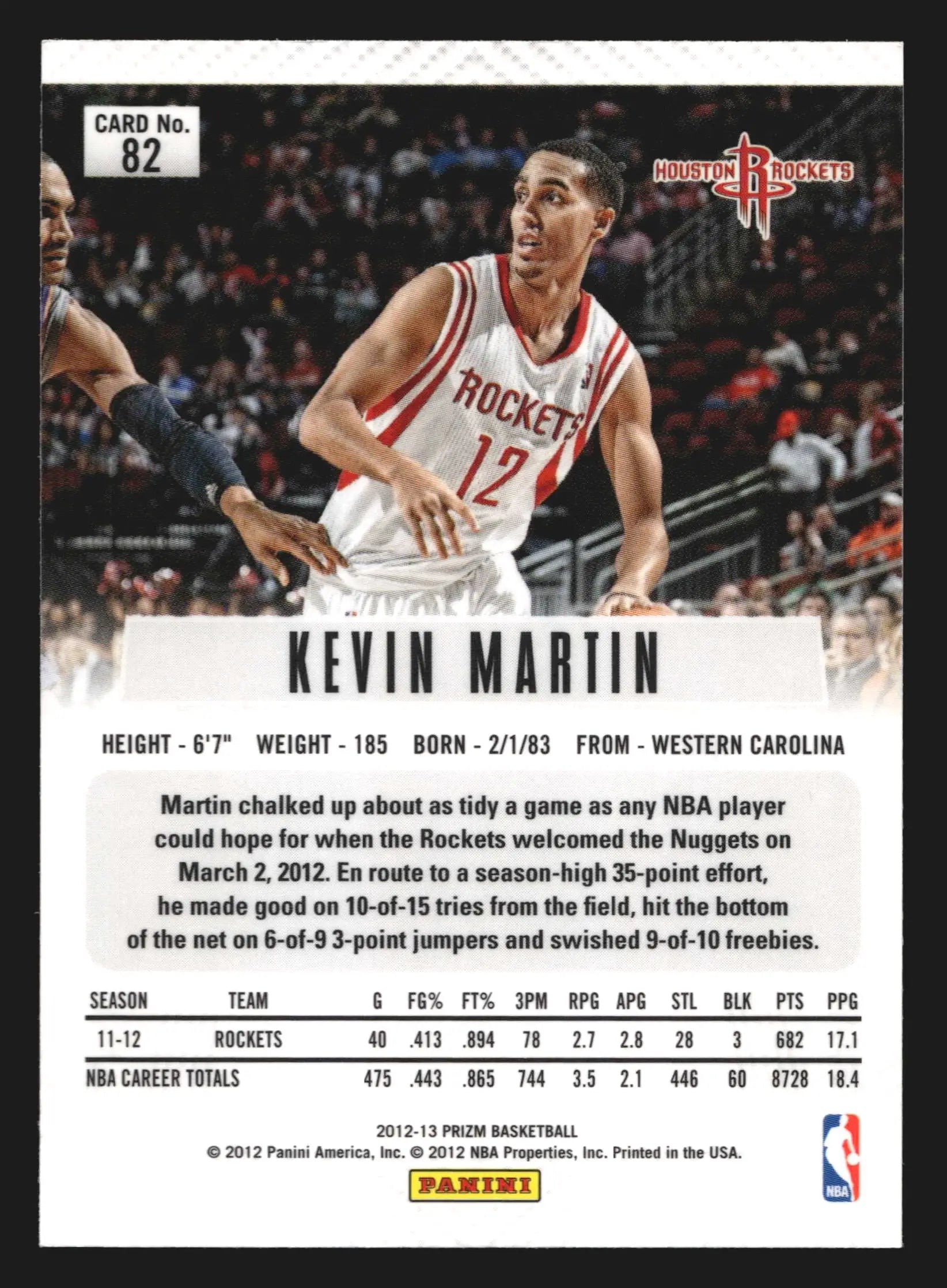 2012-13 Panini Prizm Kevin Martin #82 Houston Rockets 1st Year Prizm - Basketball Card Single