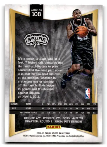 Original gloss basketball card featuring DeJuan Blair from Panini Select 2012-13 Spurs