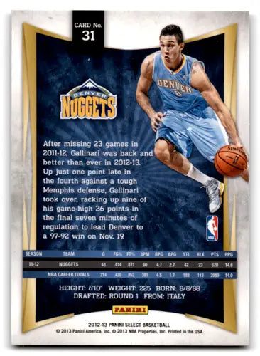 Original gloss Panini Select basketball trading card of Danilo Gallinari Nuggets 2012-13