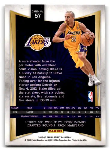 Original gloss Panini Select Steve Blake basketball card from 2012-13 Lakers series