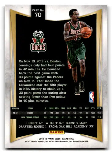 Brandon Jennings basketball card from Panini Select 2012-13 with original gloss Bucks