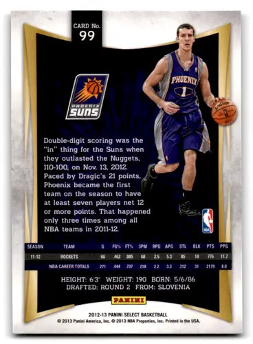 Original gloss basketball card featuring Goran Dragic from Panini Select 2012-13 Suns