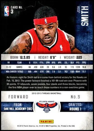 2012-13 Panini Threads #3 Josh Smith NM-MT Hawks ID:24946 - Basketball Card Single