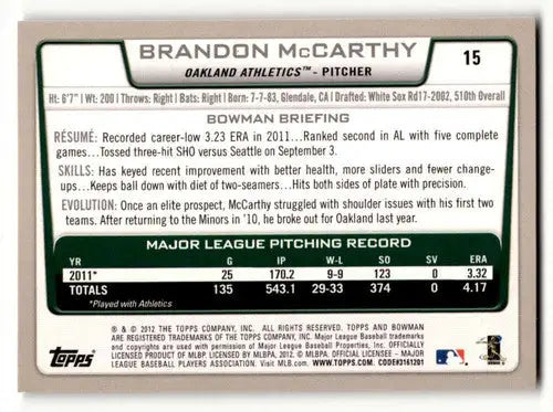 2012 Bowman Brandon McCarthy Oakland Athletics baseball card with original gloss