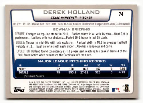 2012 Bowman #74 Derek Holland NM Near Mint Rangers ID:52041 - Baseball Card Single