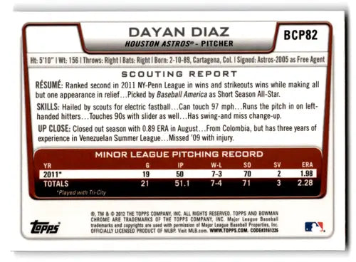 Dayan Diaz Bowman Chrome baseball card with original gloss from 2012 Prospects collection